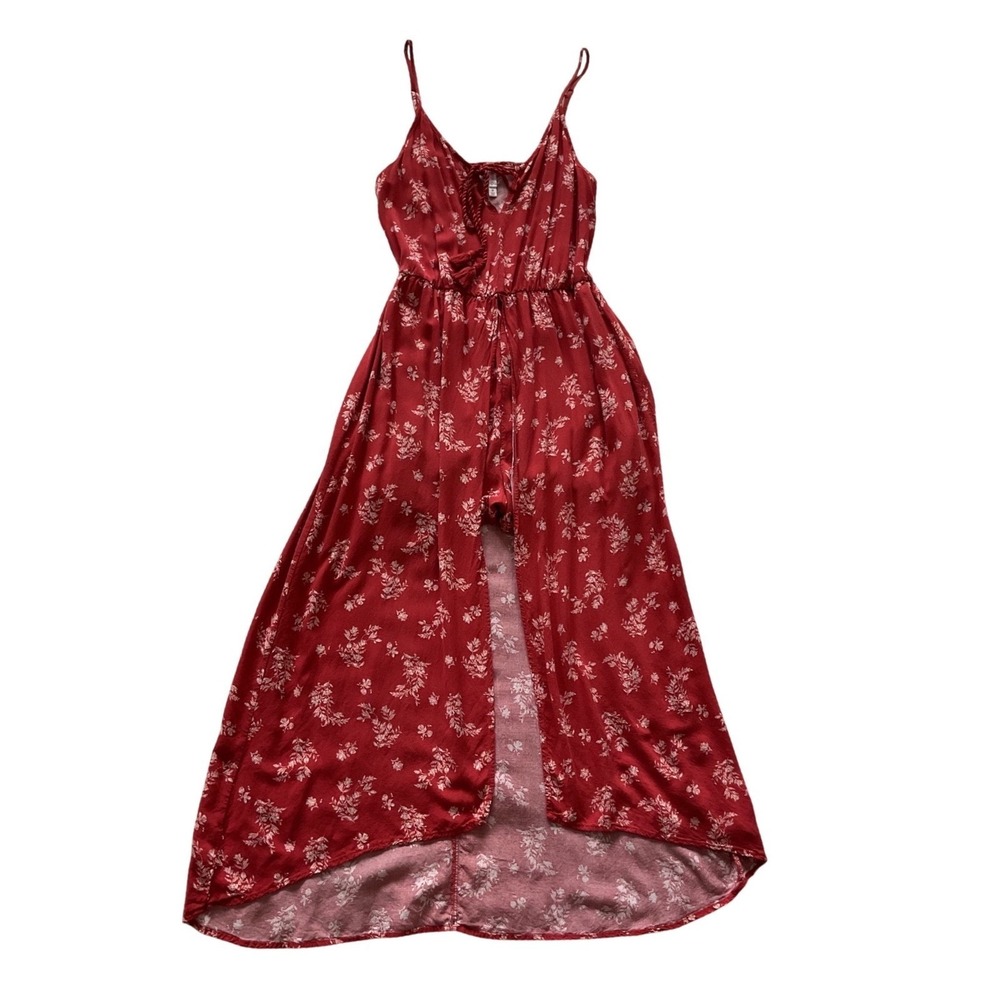 Xhilaration‎ Red Floral Maxi Romper Dress Tassel Tie Sleeveless Medium